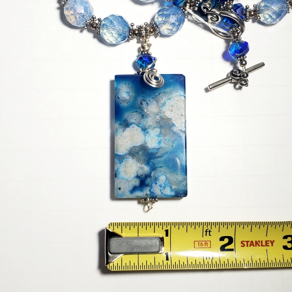 Flower Agate Pendant Necklace with Blue Czech Glass & Blue Banded Agate Beads - Picture 9 of 13